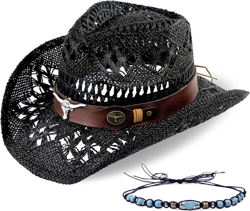 Foeran Men's Women's Straw Cowboy Hat Cowgirl Woven Sun Hat Western Cowboy Hat Two Decorative Bands - Image 1
